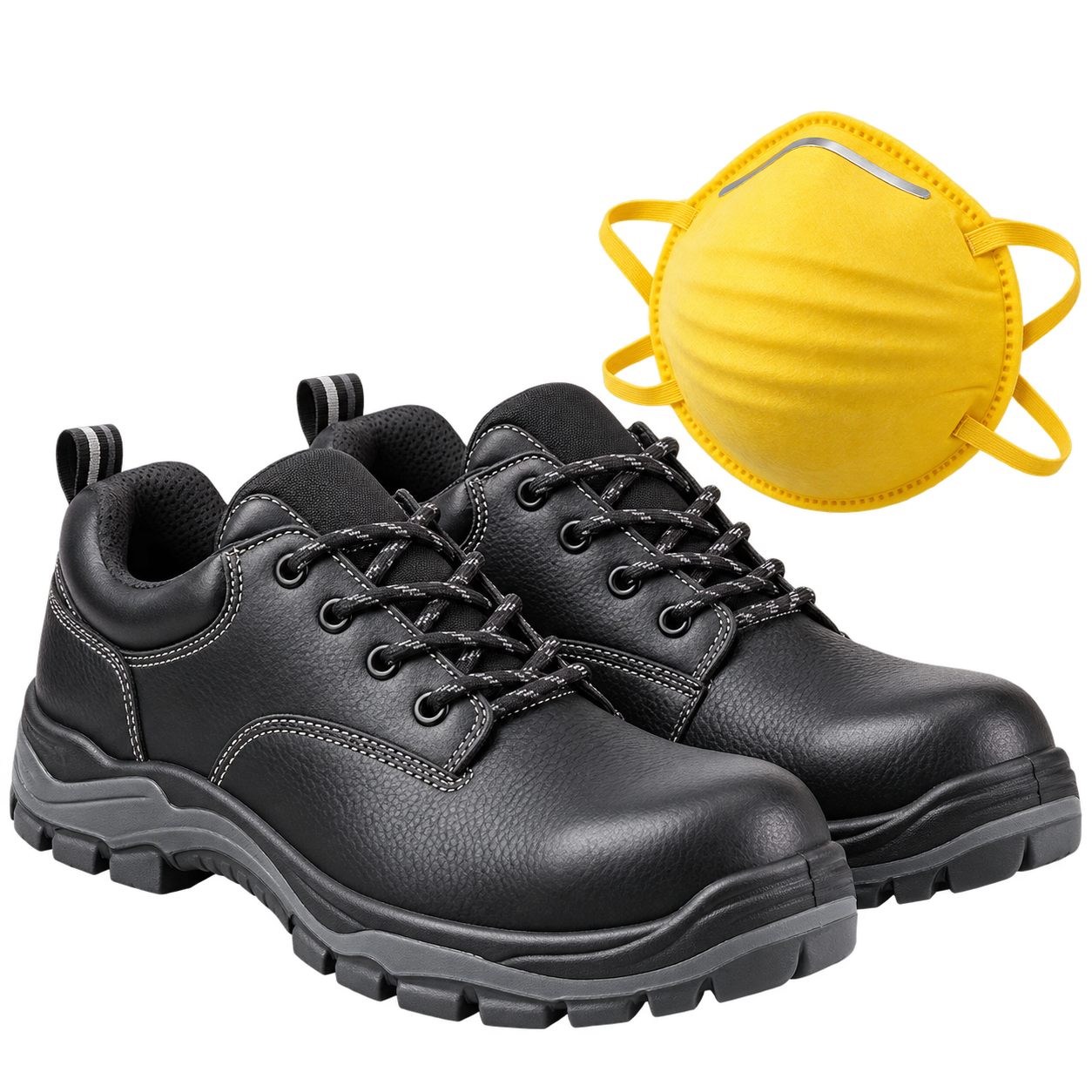 Black industrial safety shoes and yellow respirator mask